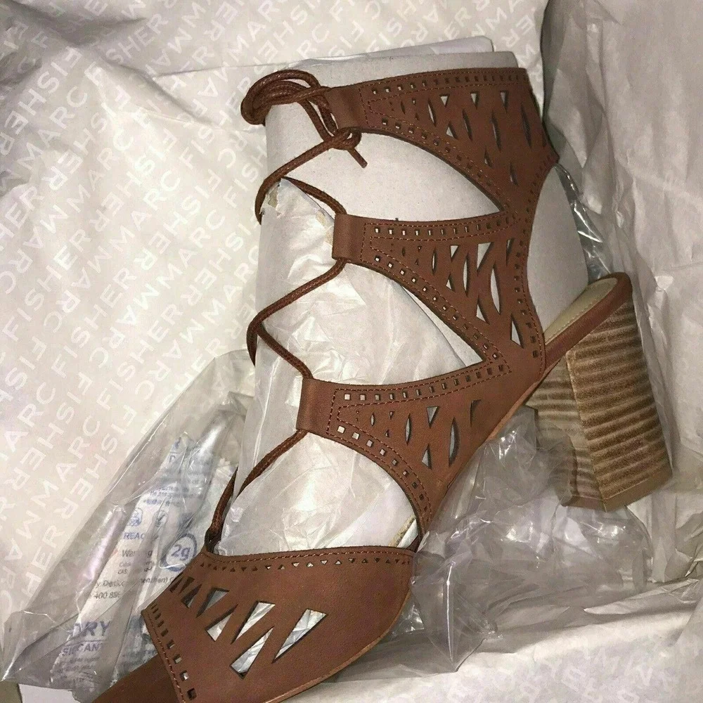 Marc Fisher Womens Sandals 7 M Leather Block Heel nubuck suede Qmpetite Cognac